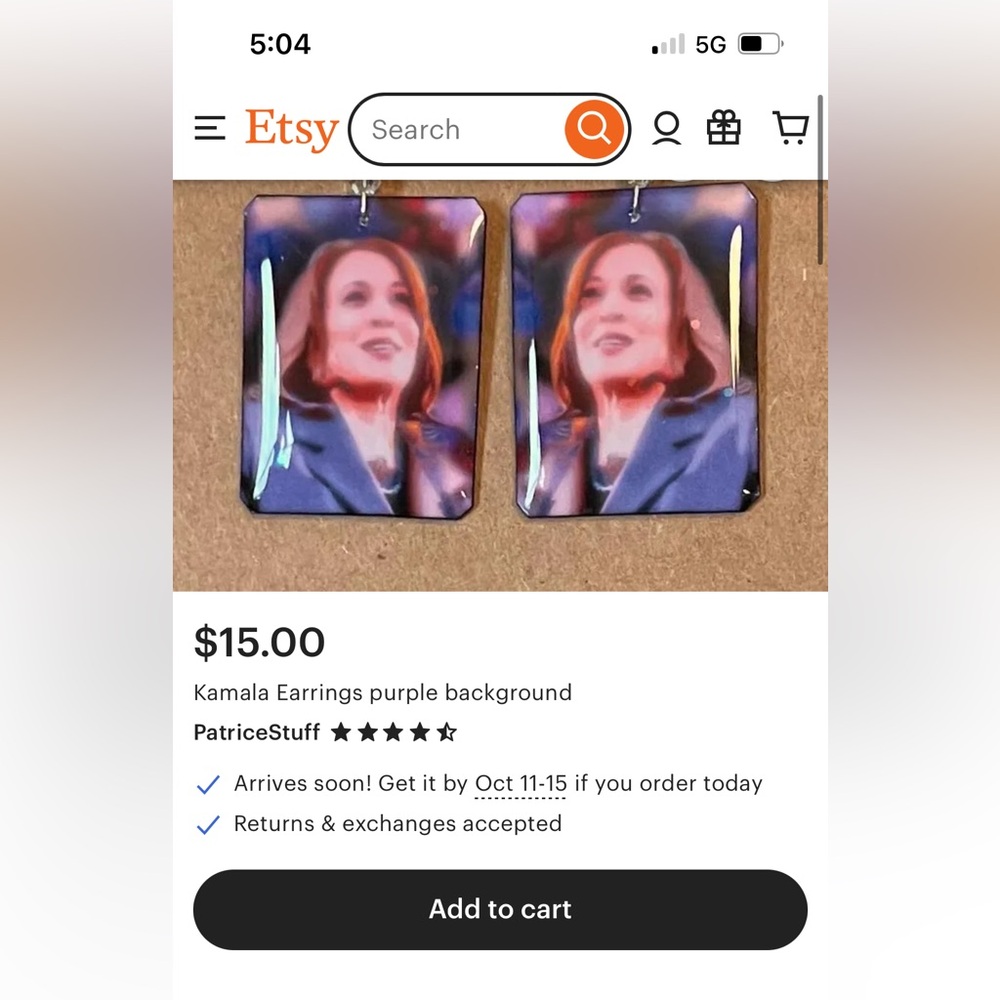 Etsy handmade Kamala Harris earrings